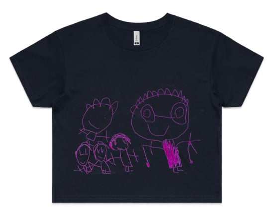 Black t-shirt with purple child-like drawings of characters on any shirt color.